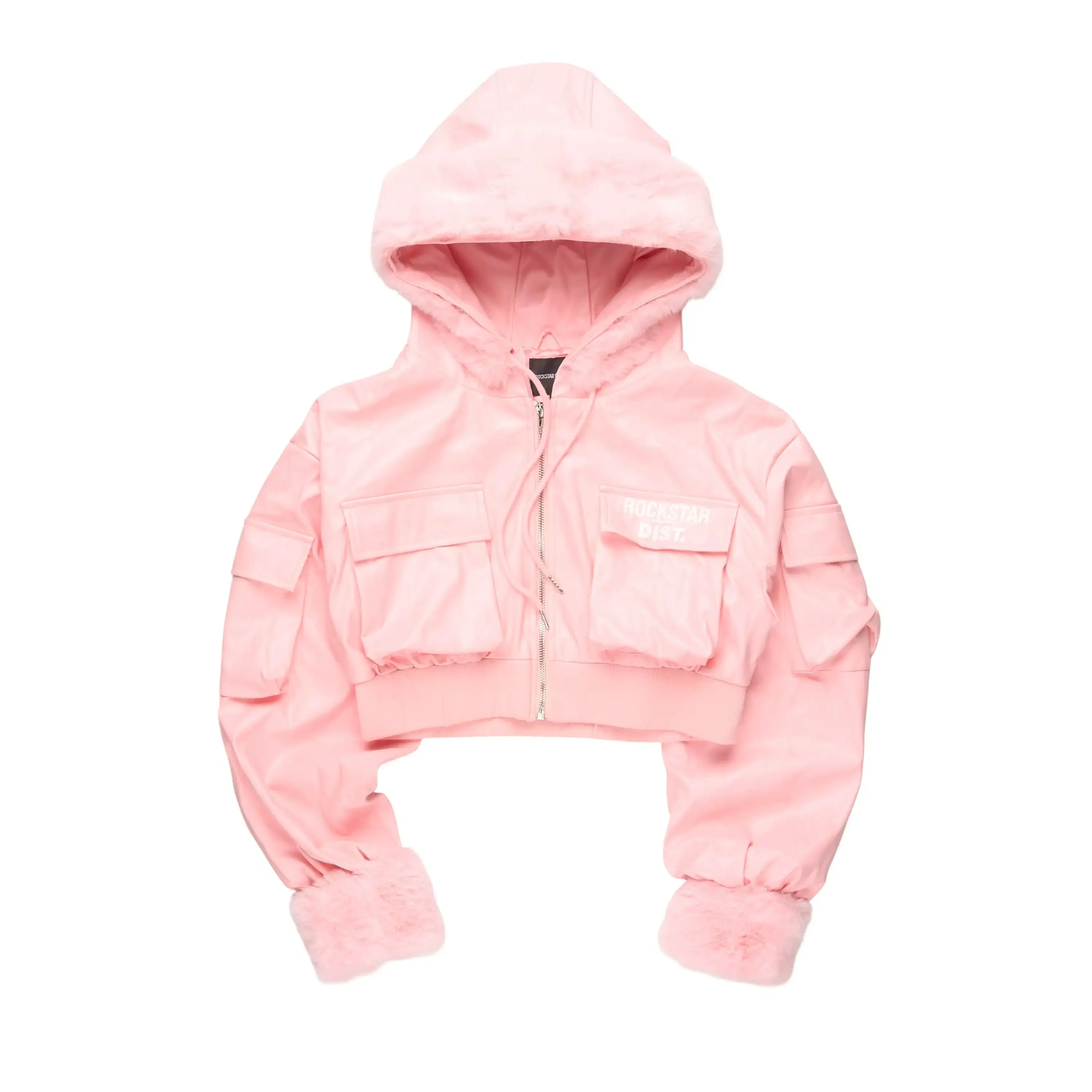 Amyia Pink PU Jacket With Fur Hood