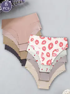 Women's Seamless Triangle Briefs Set, Wave Edge Heart Print Low Waist Comfort Underwear, Slim-Fitting All Seasons Panties