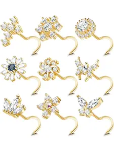 9Pcs 20G Stainless Steel Nose Rings and Studs - L Shape Bone Screw for Women Men - Cubic Zirconia Moon Star Flower Butterfly Piercing Jewelry