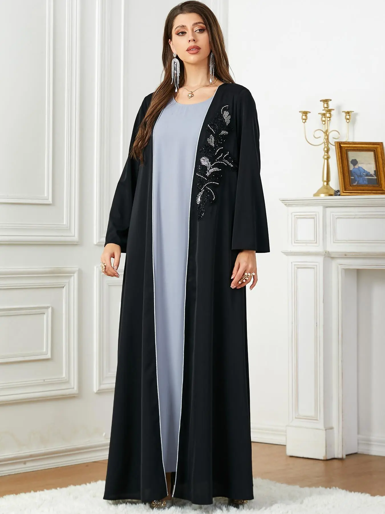 Women's Floral Embroidery Faux Pearl Decor Pleated Kimono Sleeve Abaya, Elegant Long Sleeve Open Front Abaya for Daily Wear, Ladies Islamic Clothing for All Seasons, Modesty Muslim Clothing, Floral Embellished Abaya, Loose Abayas