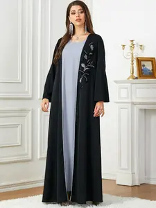 Women's Floral Embroidery Faux Pearl Decor Pleated Kimono Sleeve Abaya, Elegant Long Sleeve Open Front Abaya for Daily Wear, Ladies Islamic Clothing for All Seasons, Modesty Muslim Clothing, Floral Embellished Abaya