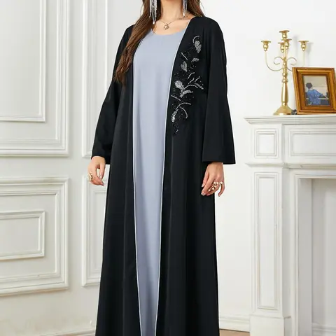 Women's Floral Embroidery Faux Pearl Decor Pleated Kimono Sleeve Abaya, Elegant Long Sleeve Open Front Abaya for Daily Wear, Ladies Islamic Clothing for All Seasons, Modesty Muslim Clothing, Floral Embellished Abaya, Islamic Modesty Clothes