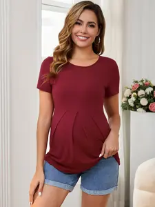 INSPIRE CHIC Women's Maternity Top Short Sleeve Crewneck Wrinkle Design Blouse Waist Tiered Maternity T-Shirt