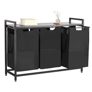 VEVOR 3 Section Laundry Sorter, Summervibes,Summervibes, Large Laundry Hamper with Metal Frame and Wooden Tabletop, Freestanding Storage Organizer Baskets with Pull-Out 600D Oxford Cloth Bags for Dirty Clothes, Bathroom