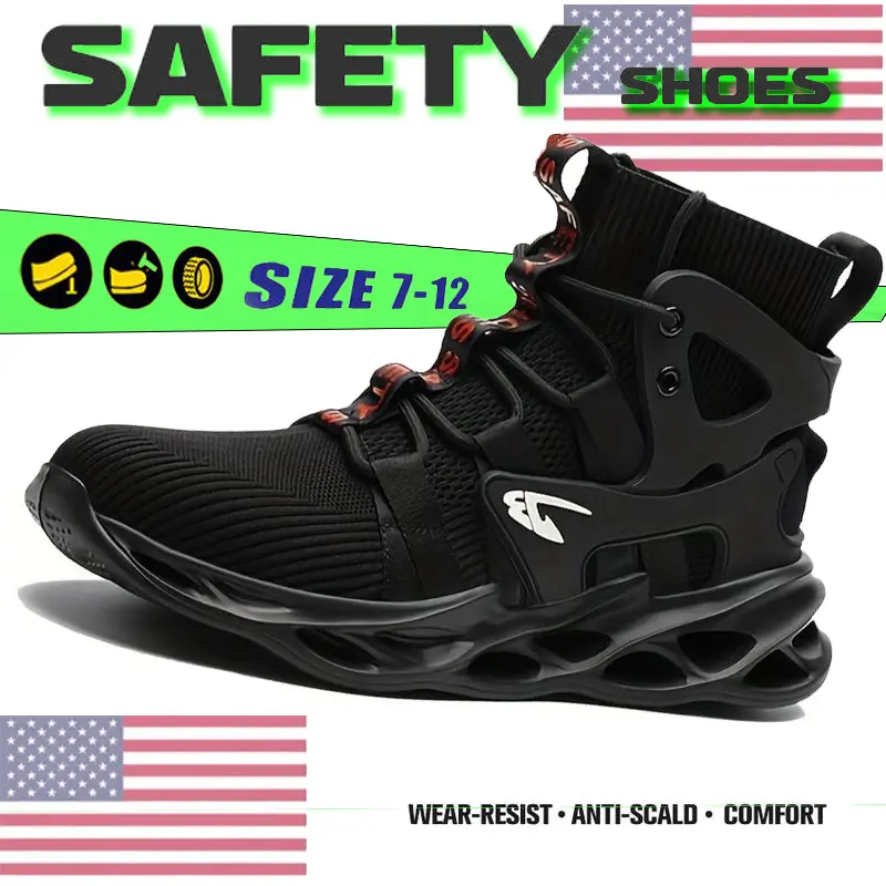 Composite Toe High Top Breathable Work Shoes Anti Crushing Anti Piercing Non Slip Safety, Lace, Footwear, Closed, Fabric, Round Toe