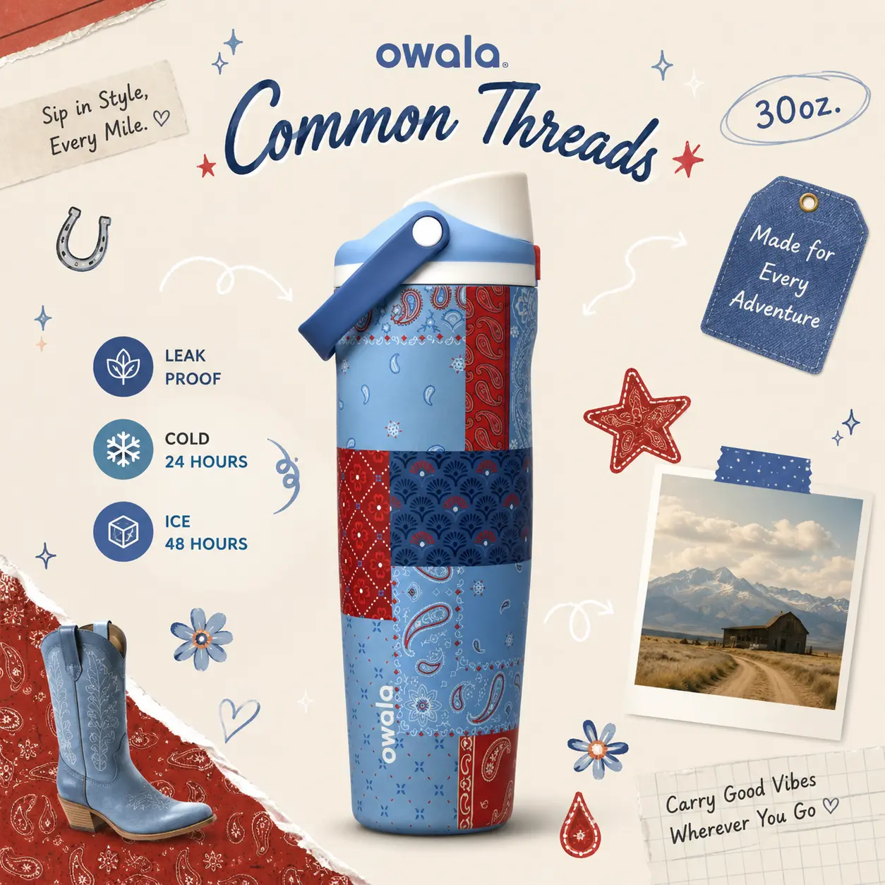 Owala Common Threads 30oz FreeSip Sway Water Bottle – America 250th Birthday Limited Edition, Patriotic Insulated Leakproof Stainless Steel Tumbler