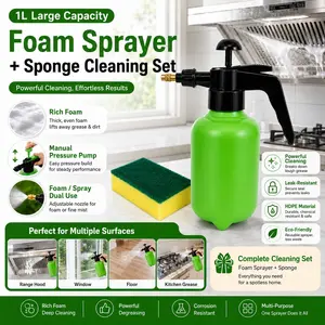 1L Large Capacity Hand Pump Foam Sprayer with Sponge Cleaning Set, Adjustable Nozzle Spray Bottle for Kitchen, Windows, Floors