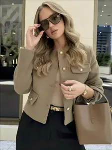 Lightweight Spring/autumn Women's Casual Jacket, Stylish Simple Design with Pockets, Casual Fashionable Outerwear, Sleek Design, Single Button Closure, Elegant Solid Color Outerwear, Fitted, Coats, Womenswear