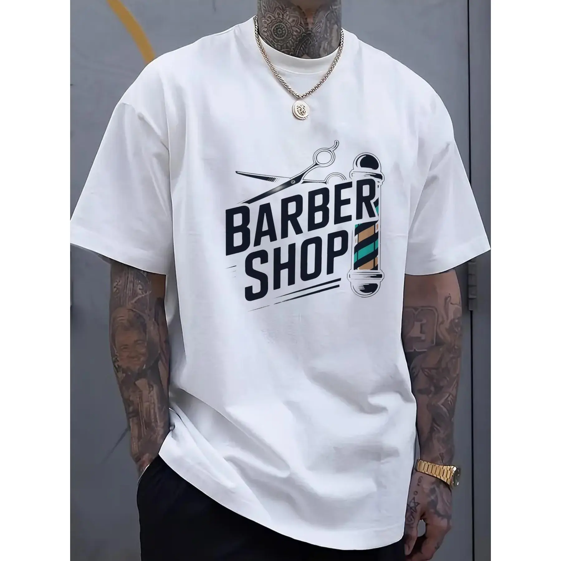 Men's Casual Barber Shop Graphic T-Shirt, Short Sleeve Cotton Round Neck Top with Scissors & Pole Print, Loose Fit, Shortsleeve, Menswear