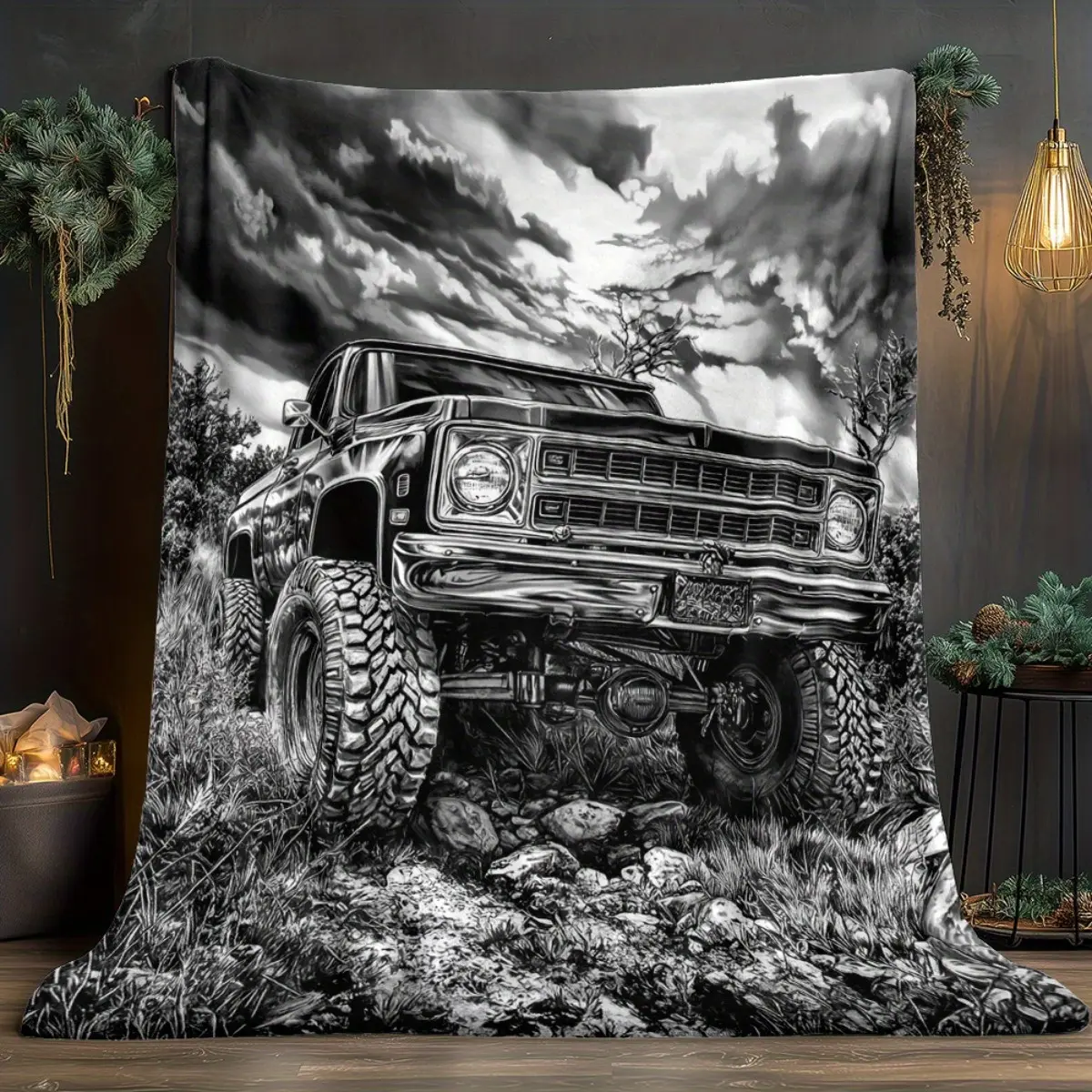 Retro Black White Car Illustration Blanket Premium  Soft Flannel Fleece Throw Cozy Lightweight Nap Blankets for Couch Bed Sofa Garage Room Air Conditioning Travel Camping Cool Birthday Gifts for Men Car Guys