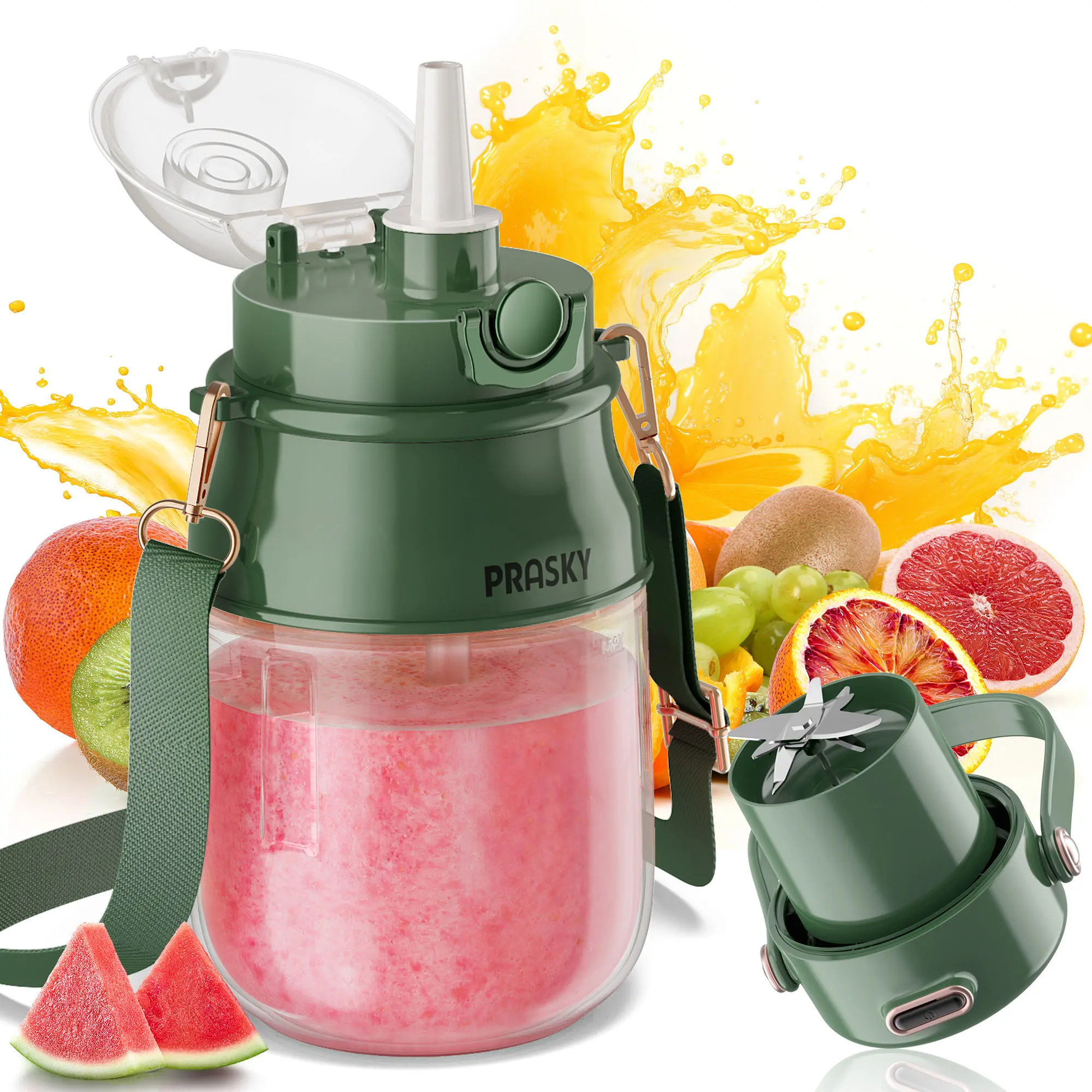 Prasky 27oz Portable Blender Juicer - Cordless Hand Blender, USB-C Rechargeable Blender (Power Bank/Computer Compatible), BPA-Free, Dishwasher Safe for Gym, Travel, Smoothies, Shakes, Juice, Black Friday