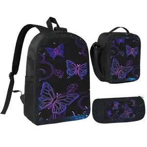 Purple Butterfly Print Backpack Set Three-Piece Set, Unisex