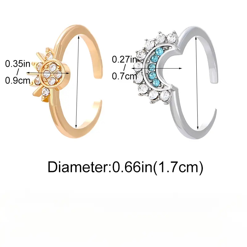 Unique vintage design, sun and moon motif, stackable women's open ring with diamond accents.