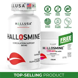 HALLUSA NATURAL HALLOSMINE 300 mg Capsules & FREE Cream Bundle for Vein & Circulation Support 60 Capsules 30 Day Supply USA Non-GMO GMP-Certified Dietary Supplement