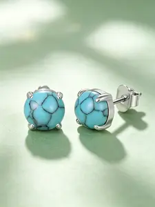 Women's Vintage 925 Silver Plated Turquoise Stud Earrings, Ear Studs, Nickel-Free, Boho Style, Low Allergy, Daily Wear, Gift Idea