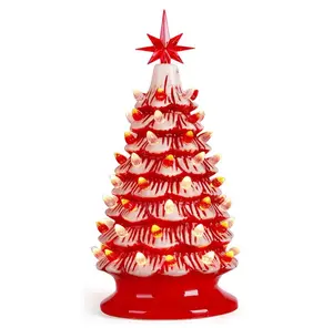 15" Ceramic Christmas Tree, Pre-Lit Hand-Painted Decor with Lights festive decoration supply Plastic Set (Red Tree) Colorful Gift