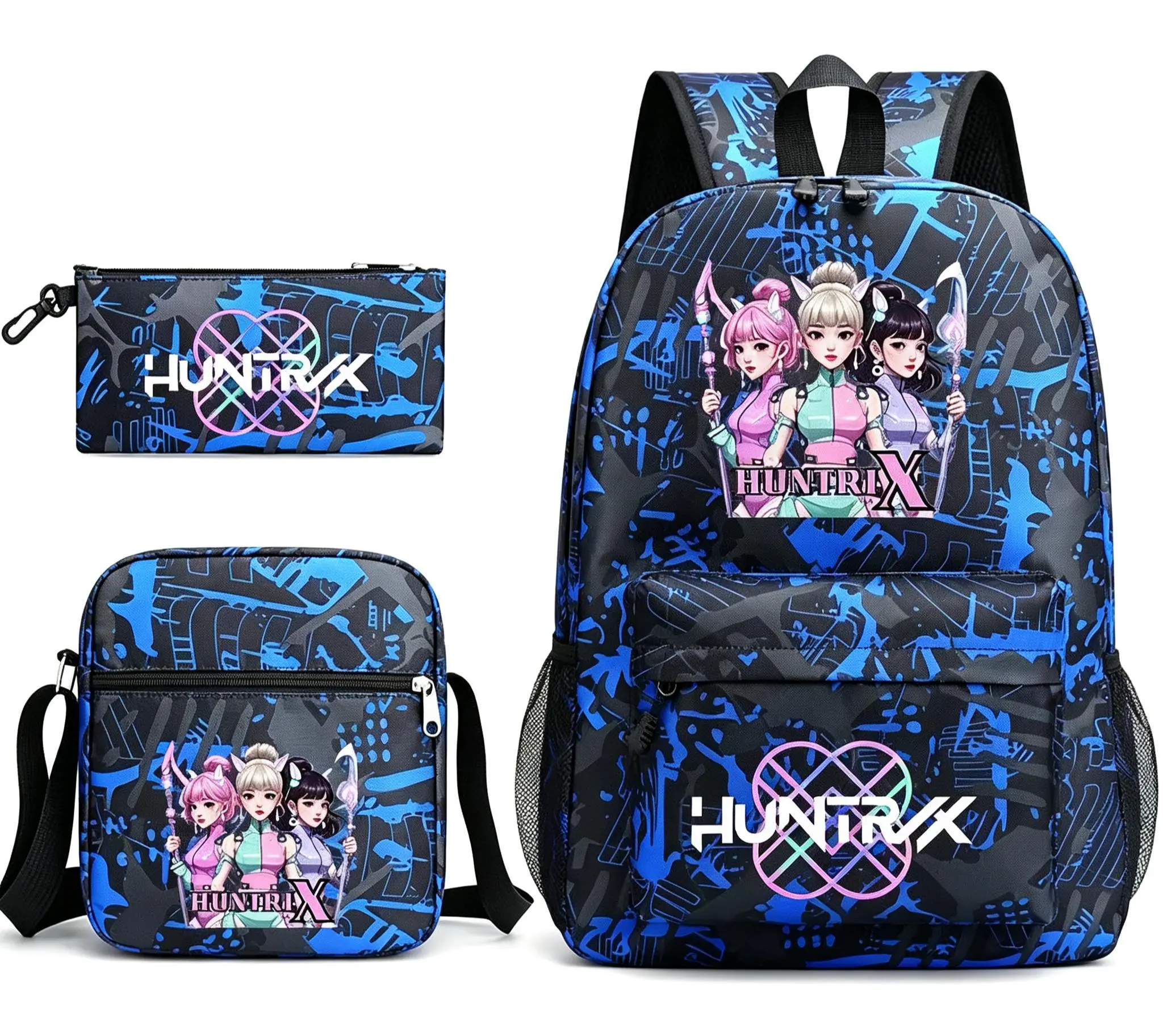 K-POP HUNTRX 3-piece backpack for boys and girls, school-sized, large capacity, backpack with cross-body strap, pen holder - Back to School Season - School Gift