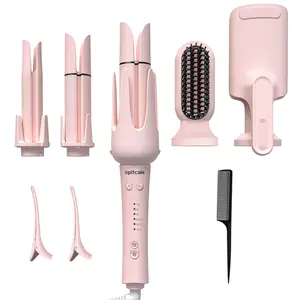 Spitcale 5-in-1 Interchangeable Curling Iron Set 5 Styling Tools 28mm 32mm 40mm Roll Hair Straightener Brush Volumizing Comb & Curling Iron 3 Temp Timer Negative Ions Pink Attachment