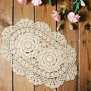 2 PCS Beige Lace Handmade Crochet Doilies 10 x 14 Inch Oval Lace Table Runner Doilies Knitted Coasters Floral Table Scarf Furniture Cloth Cover Handmade Crochet Placemats for Bedrooms Dining Room