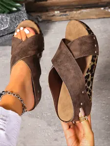 Women's Cross Strap Leopard Print Wedge Sandals, Vintage Wild Style Summer Comfort Heightening Shoes, Easy Match Streetwear/resort Wear, Wedged Sandals, Casual Wedge Sandal