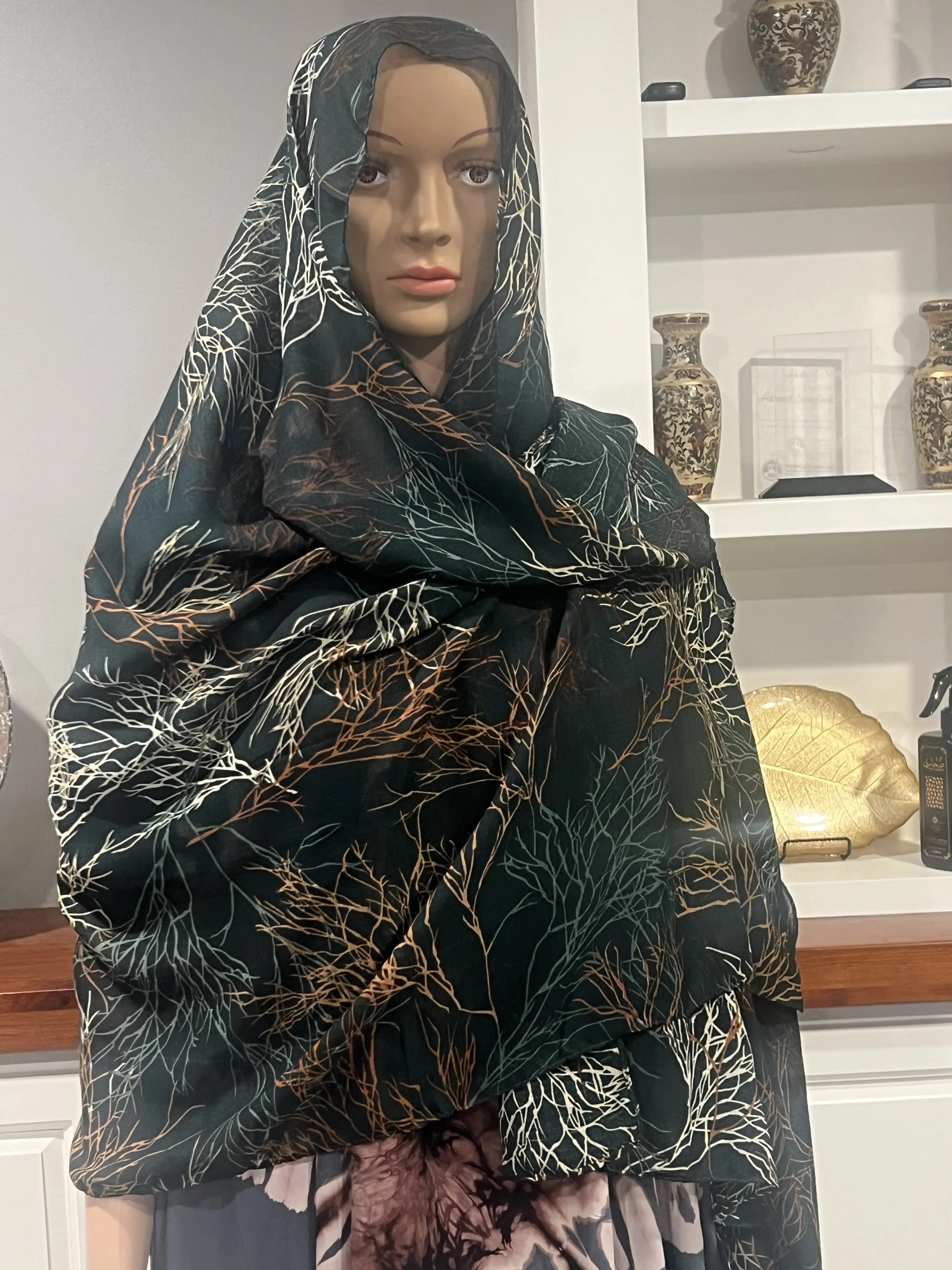 Cotton Khimar Midium Brown with White Branches Design Soft Breathable Hijab for Women Comfortable Everyday Wear