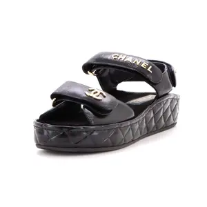 Pre-owned Chanel Women's Logo Velcro Strap Wedge Sandals Quilted Leather by Rebag