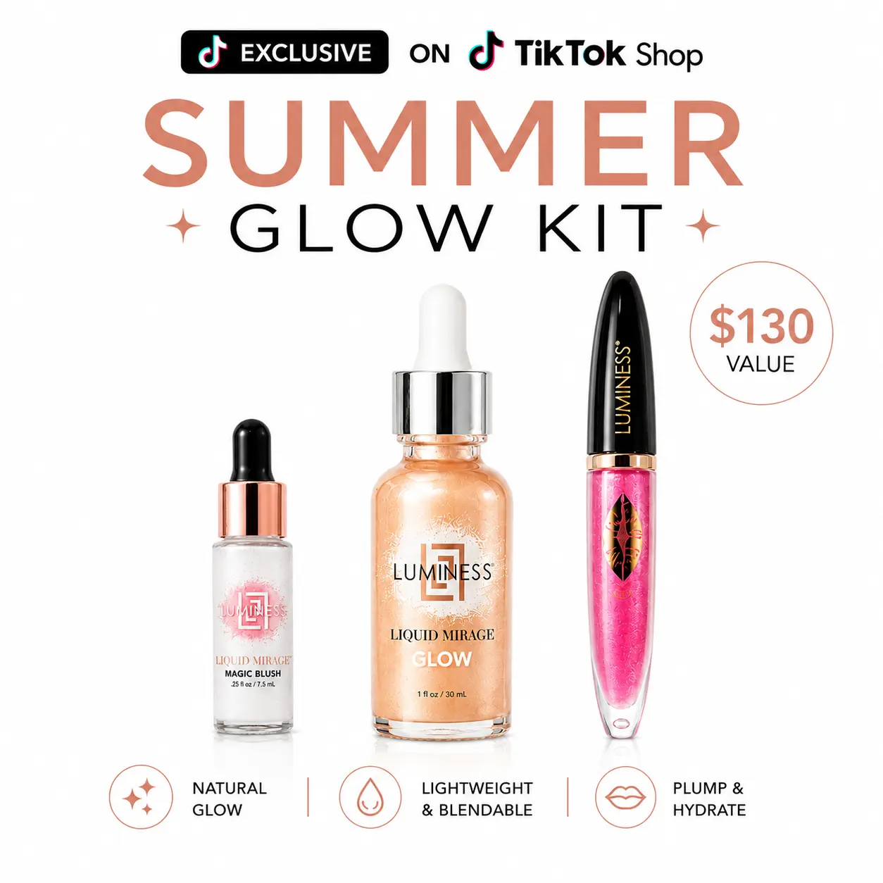 LUMINESS Summer Glow 3-Piece Cosmetic Kit - Hydrating, Lightweight Makeup Set with Blush, Illuminator & Lip Plumper for Radiant Look, Soft Glam, Radiant Glow