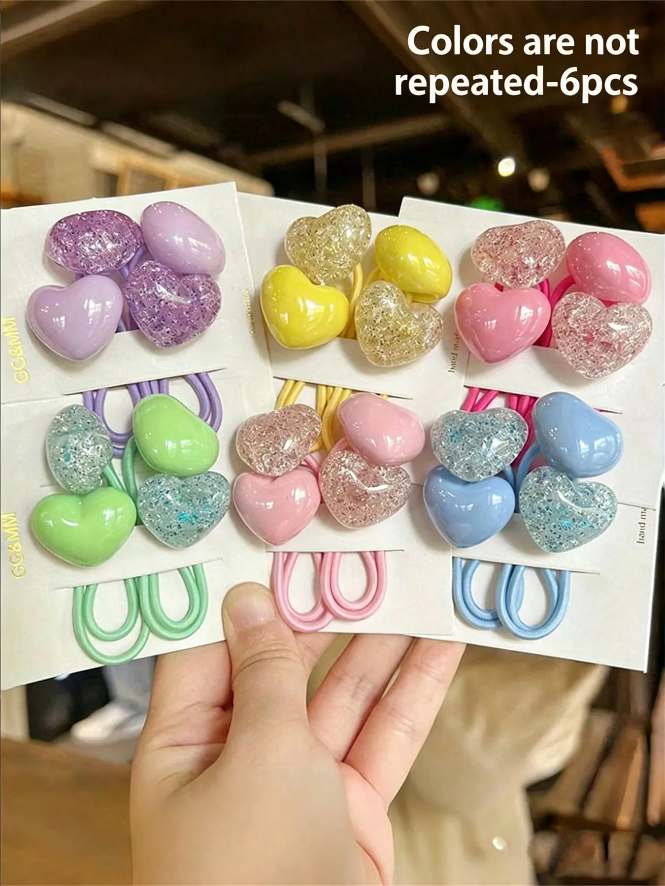 6 Pcs Women's Sweet Candy Color Heart Shaped Glitter Hair Ties, Cute Hair Ties, Hair Scrunchies, High Elasticity, Gentle on Hair, Daily Use, School, Holidays, Hair Accessories