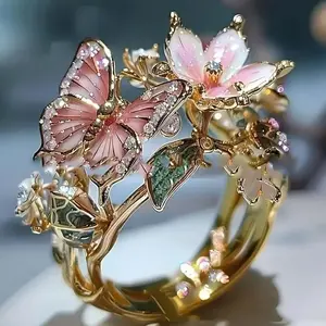 Delicate shiny drop oil butterfly flower Ladies Open pink ring(Sheet)