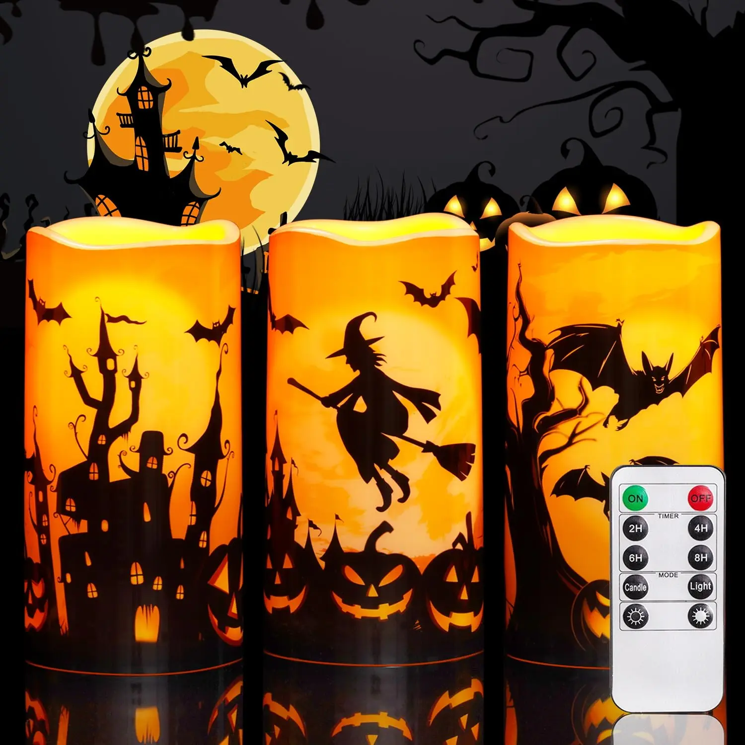 Halloween Candles Orange Flameless LED Pillar Candles Battery Operated with Remote Timers for Halloween 2026 Decoration Day of The Dead Set of 3 Waterproof Plastic Ornaments Spooky Traditional  halloween outdoor decor Summer Sale Deals