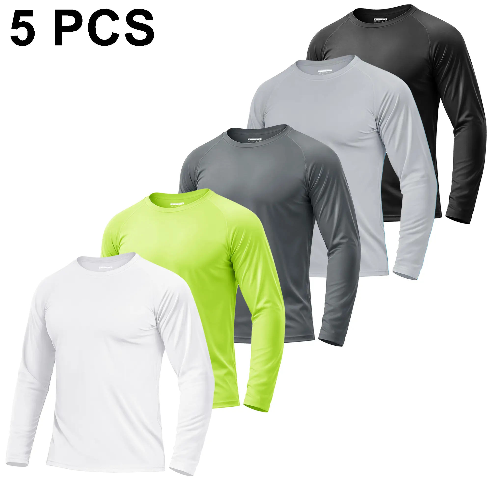 Men's UPF 50+ Sun Protection Long Sleeve Rash Guard Shirts, 1/3/5 Pack Polyester Elastic Fit Quick Dry Tops for Swimming, Outdoor Sport, Machine Washable