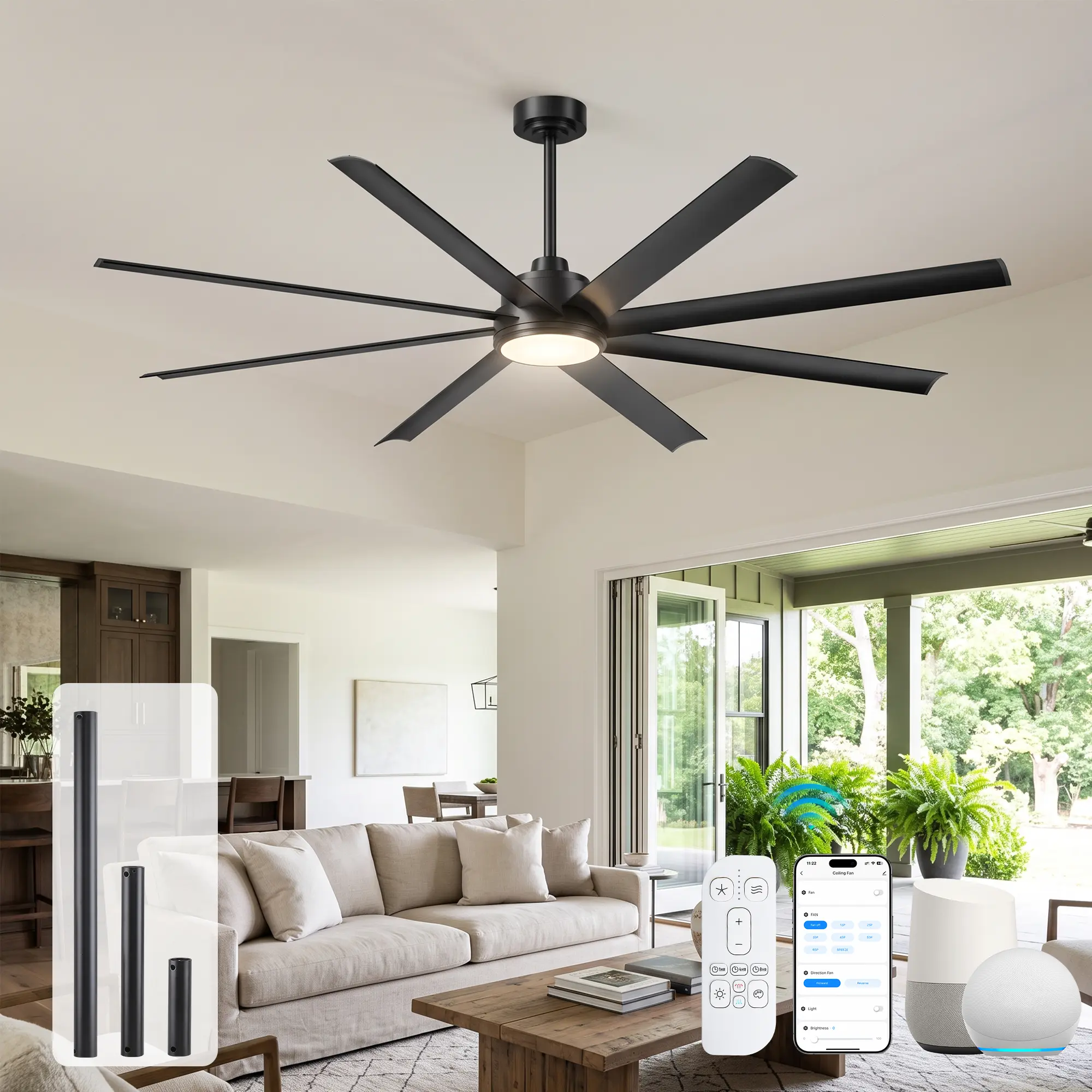 72/84 Inch Large Industrial Ceiling Fan with Light,Modern Black Smart Ceiling Fan with Alexa/App/Remote Control,8 Anti-Rust Aluminum Blades,High 9683 CFM Ceiling Fan Indoor Lighting for Living Room Office Gym Factory