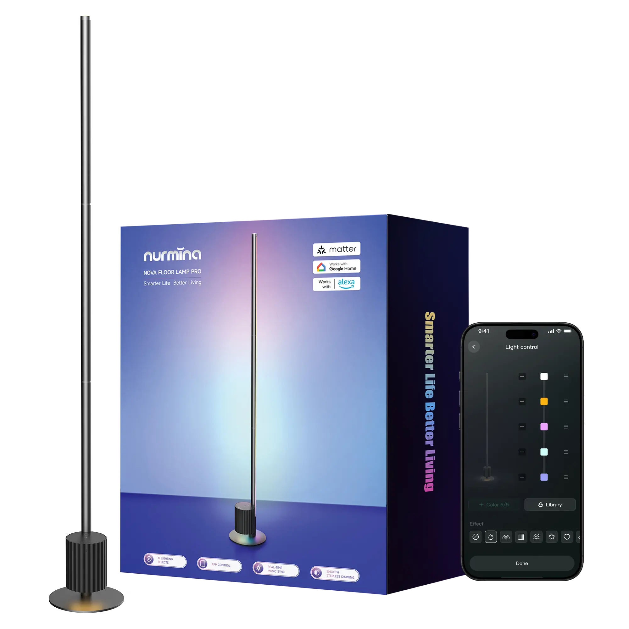 Nurmina Nova Smart RGBWWIC Corner Floor Lamp Pro, Works with Matter & Alexa, Dimmable Standing Light with Music Sync for Living Room & Gaming Room