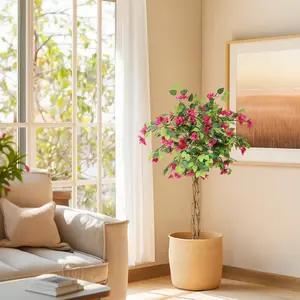 4FT Artificial Bougainvillea Tree, Tall Potted Fake Bougainvillea Trees, Faux Tree with Wood Trunk and Pink Flowers for Outdoor Indoor