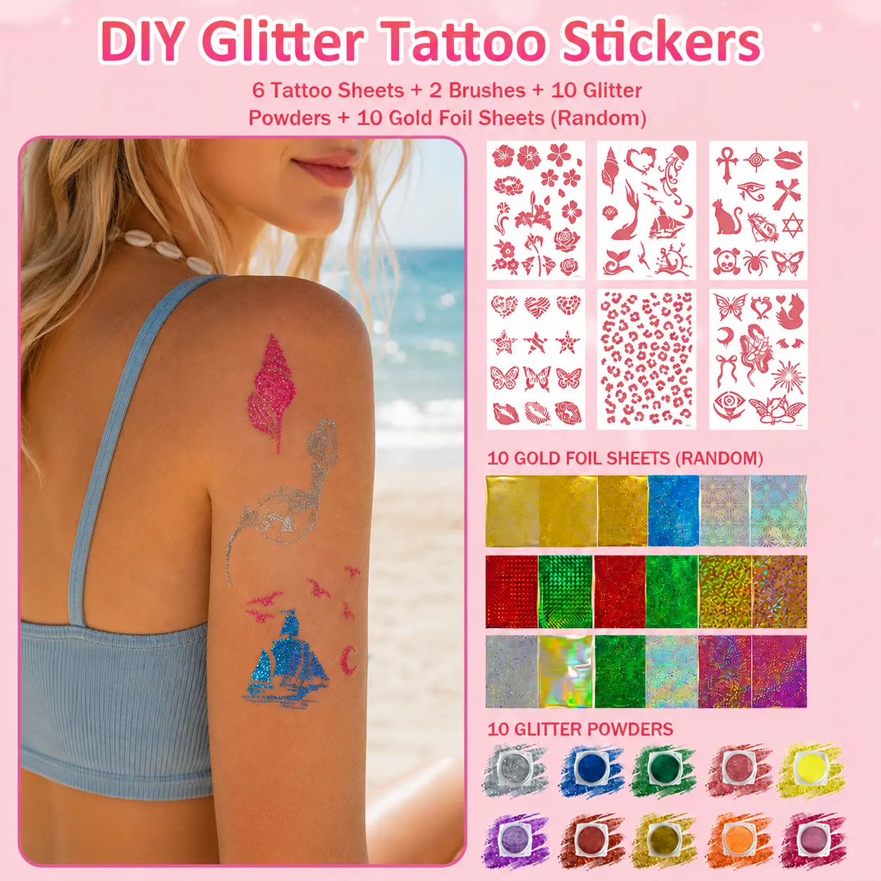 [SummerVibes] Unisex 6-Sheet Glitter Tattoo Stencil Kit - Butterflies, Hearts, Modern Designs, Temporary Body Art for Kids Festivals, Birthday Parties (Festive Party Supplies, Graduation Gifts)
