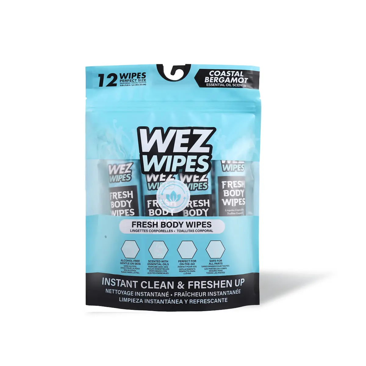 WEZ WIPES Coastal Bergamot Fresh Extra Large Body Wipes | 12 Alcohol-Free Biodegradable Body Cleansing Wipes with Essential Oil Scent | No Rinse Bath Wipes for Gym, Travel, Camping & On-the-Go