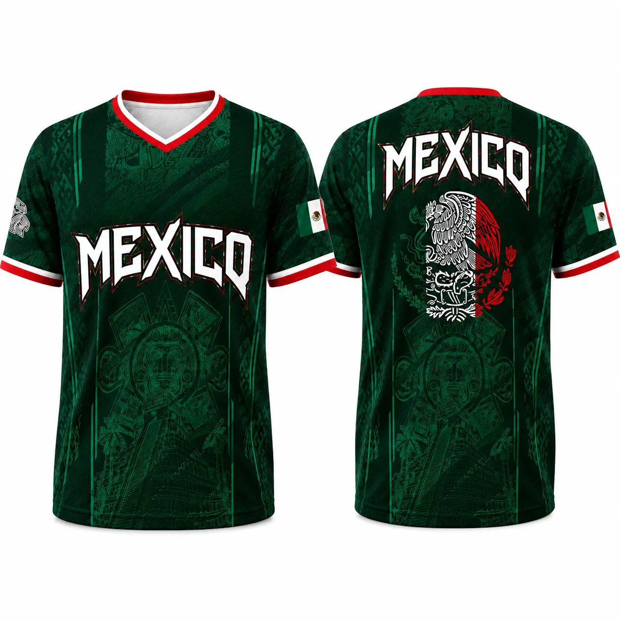 Men's Retro V-Neck Soccer Jersey, Mexico-Inspired Aztec Eagle Graphic Tee, Breathable Birdseye Fabric Athletic Top for Fans, Breathable Athletic Top, Sports Tees, Athletic Active Tops tiktokshopbacktoschool