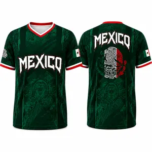 2026 Mexico-Inspired T-Shirt for Men, Red Green Aztec Calendar Eagle Graphic V-Neck Football Shirt, All Over Print Breathable Sports Top