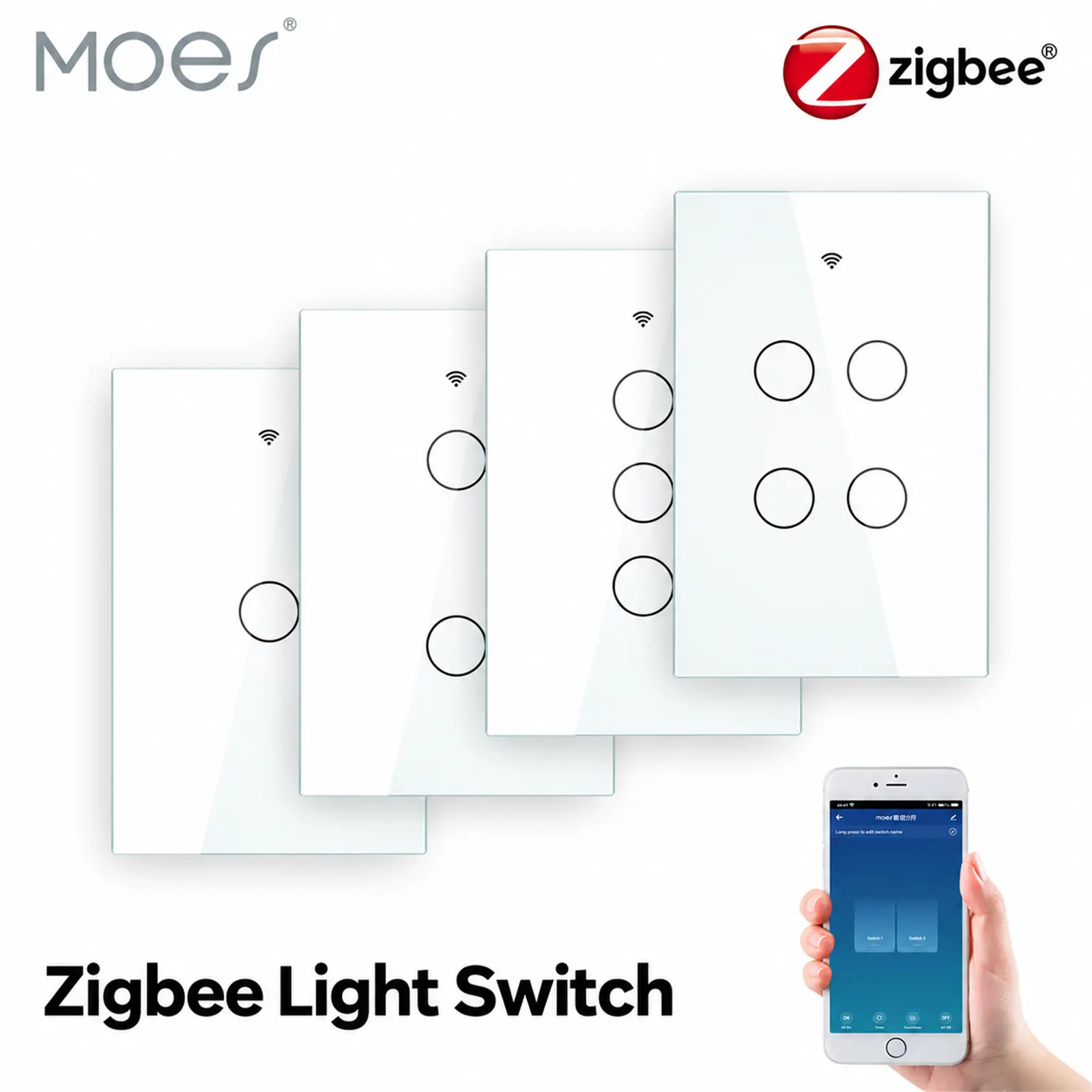 MOES Zigbee Touch-Triggered Elegant Wall Light Switches (1/2/3/4 Gang, US Standard) for Home Use - Works with Alexa & Google Home, Hands-Free Voice Control, Multi-Way Switching, Software-Based, Compatible with LED/CFL/Incan.