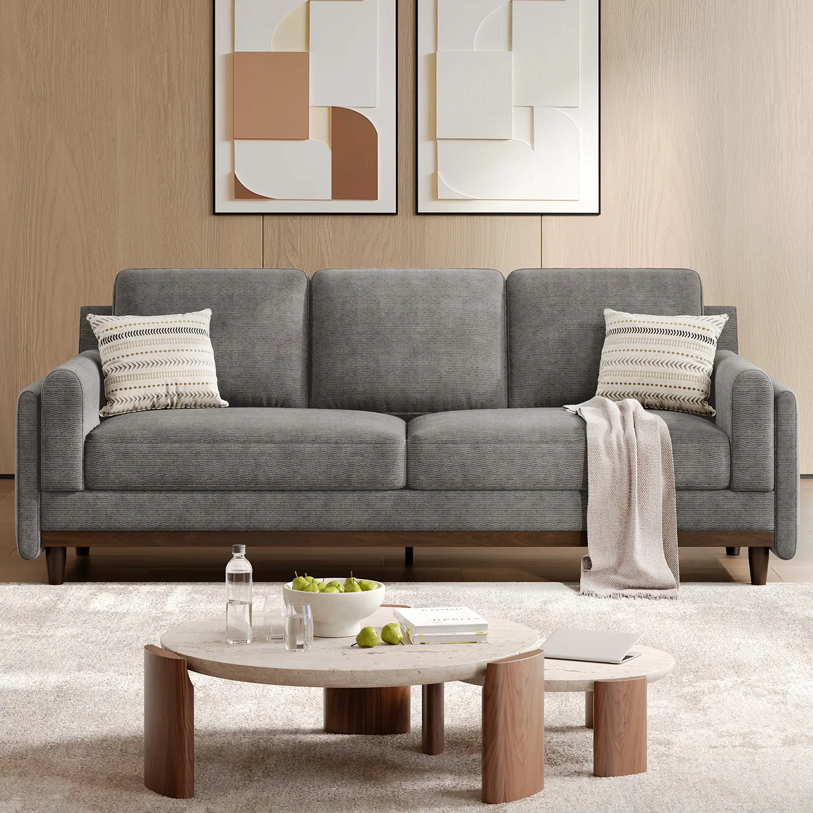 Copiae 87 in Width Waterproof Chenille 3-Seater Sofa - Living Room Indoor Furniture, Deep Seat, Solid Wood Legs, Pillow Arm Support, Waterproof Surface, Ideal for Working From Home & Movie Nights, Assembly Required for Families, Couches for Living Rooms