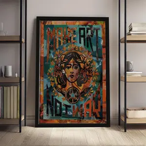 "Make Art Not War" Collage Art Print, Vibrant Orange & Teal Activist Poster, Peaceful Protest Wall Decor, Bold Rebellious Collage Artwork for Living Room Bathroom Home Decor