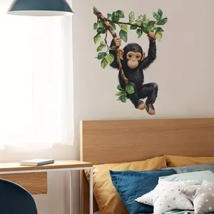 Cute Monkey Climbing Tree Wall Sticker, Wall Art Stickers, Adorable Home Decor for Living Room & Bedroom, Self-Adhesive Design Enhances Room Atmosphere