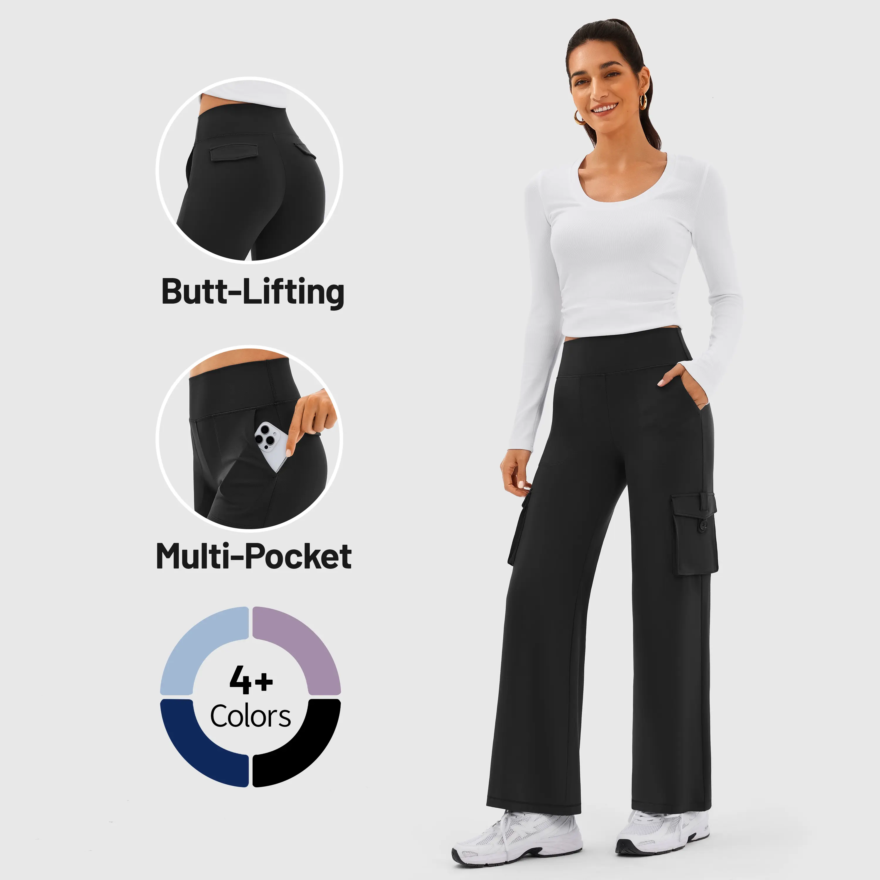 INNO MINT Women's High-Waist Wide Leg Bottoms - Basic, Everyday Effortless Comfy Pants with Multiple Pockets for Business, Casual, Yoga Use