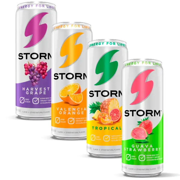 STORM Sugar-Free Energy Drinks 4-Pk 12oz Cans, Virtual Bundle with Vitamin C, Zinc, Low Calories - Valencia Orange, Harvest Grape, Tropical, Guava Strawberry (Cupboard-Storable Sports & Energy Drink), Us