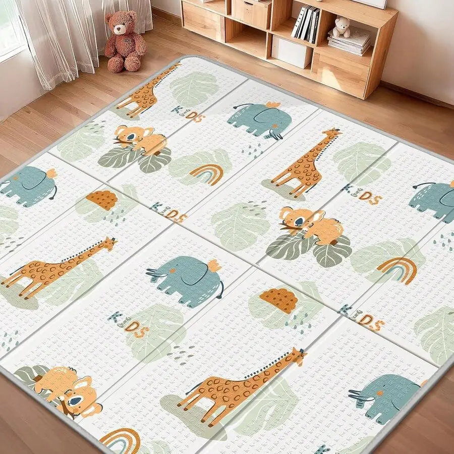 Reversible XPE Foam Baby Play Mat, Forest Park Animal Prints, 79x71in Foldable Waterproof Non-Toxic Formaldehyde-Free Portable Mat for Infants 9-12 Months Crawling, Free from Harmful Substances, Easy Maintenance, Large Size, Effortless Maintenance