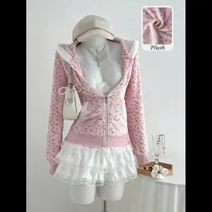 Autumn/Winter Casual Women's Colorblock Fleece Lined Zip-Up Hoodie Sweatshirt With Leopard Print, Soft And Comfortable For Back To School And Loungewear