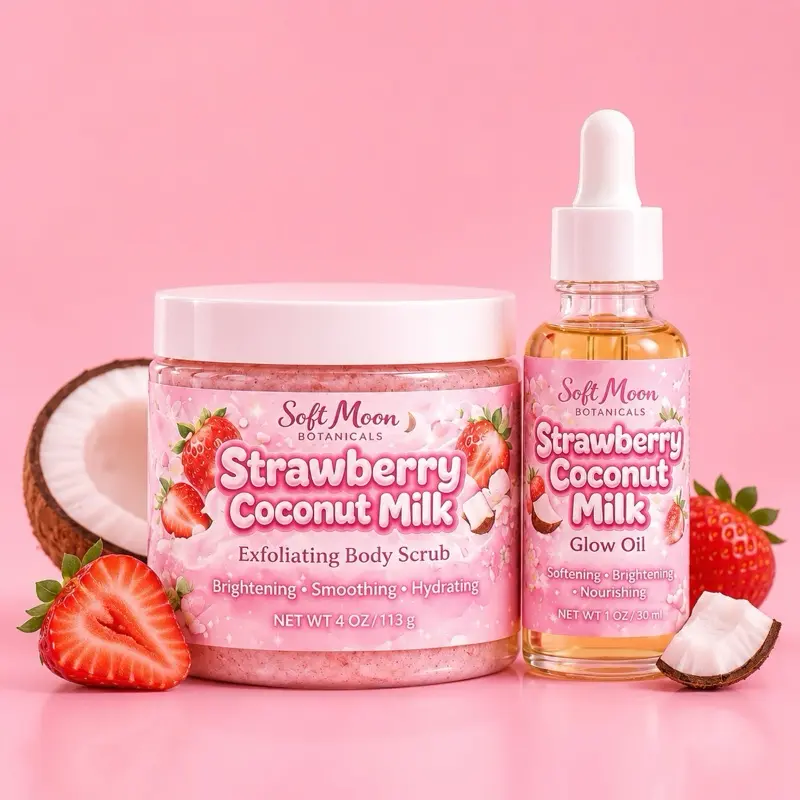 Soft Moon Botanicals Strawberry Coconut Milk Exfoliating Cleansing Body Scrub & Glow Oil Set - Brightening, Smoothing, Hydrating Moisturizing Cleansing Moisturizer, Smooth, Skin Care Cleanser, Daily, Beauty Products, Gift Guide For Her, Moisturizing Body,