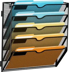 5 Tier - Wall File Organizer Mesh Office Mail Holder, Hanging Wall Organizer Magazine Rack for Office Black