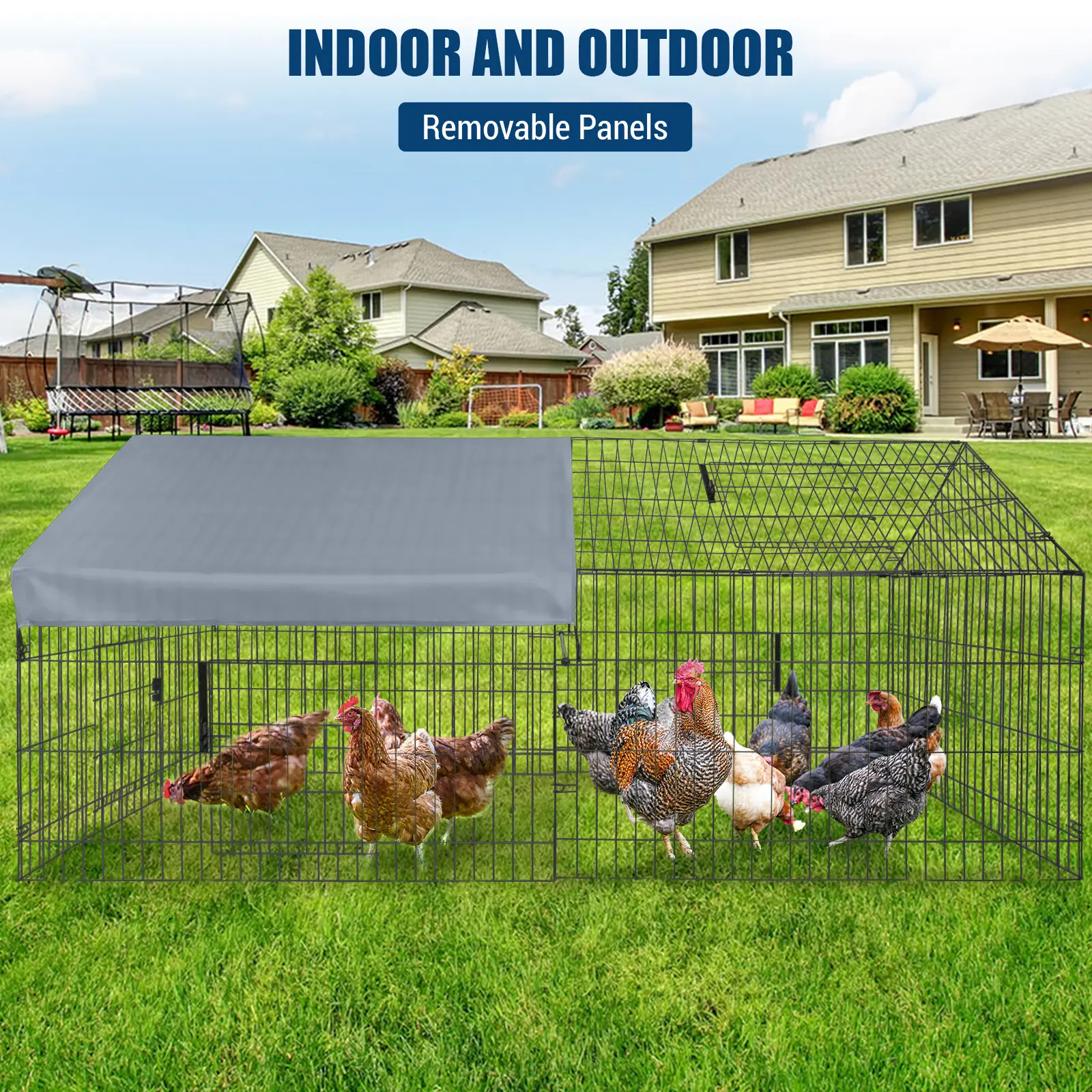 Large Metal Chicken Coop 86"l×40"w×40"h, Heavy-Duty Epoxy-Coated Frame Outdoor Poultry Cage with Waterproof Cover, Dual-Locking System, 4 Side Doors, All-Weather Backyard Enclosure for Hens & Rabbits