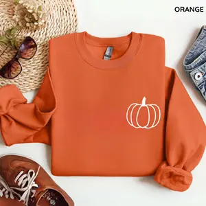 Pumpkin Outline Sweatshirt - Simple Fall Pumpkin Crewneck Shirt, Minimal Fall Womenswear Tops, Cotton Fabric Womenswear